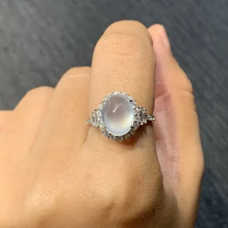 High-Icy Glowing Natural Jadeite Cabochon Ring — S925 Silver · No. 5557
