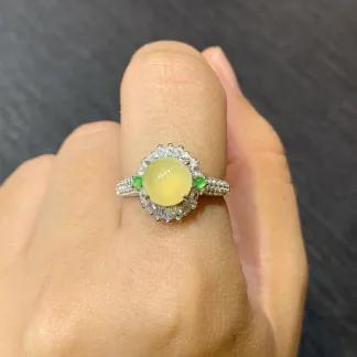 High-Icy Honey Yellow Natural Jadeite Cabochon Ring — S925 Silver · No. BBFE