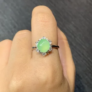 High-Icy Clear Green Natural Jadeite Cabochon Ring — S925 Silver · No. C1EF