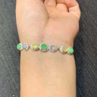 高冰多彩天然翡翠蛋面手链 S925 银 · 编号 18EE