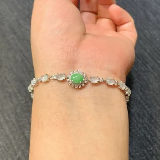 High-Icy Glowing White and Vivid Green Natural Jadeite Cabochon Bracelet — S925 Silver · No. 1014