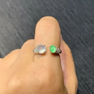 High-Icy White and Green Natural Jadeite Cabochon Ring — S925 Silver · No. 2492