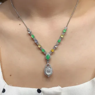 High-Icy Multicolor Natural Jadeite Cabochon Necklace — S925 Silver · No. 1F6E