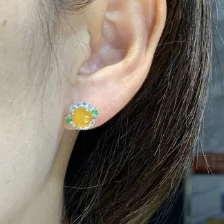 High-Icy Honey Yellow Natural Jadeite Cabochon Stud Earrings — S925 Silver · No. 71C1