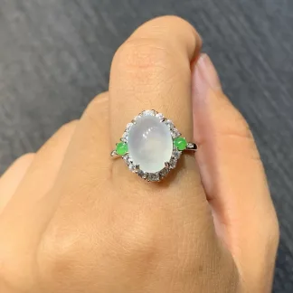 High-Icy Glowing Natural Jadeite Cabochon Ring — S925 Silver · No. 43B2