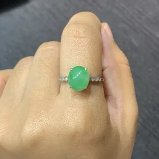 Icy Vivid Green Natural Jadeite Cabochon Ring — S925 Silver · No. 975D