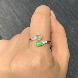 High-Icy White and Green Natural Jadeite Cabochon Ring — S925 Silver · No. 06A9