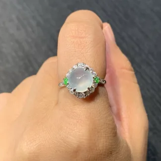 High-Icy Glowing Natural Jadeite Cabochon Ring — S925 Silver · No. EF84