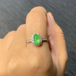 Icy Vivid Green Natural Jadeite Cabochon Ring — S925 Silver · No. E879