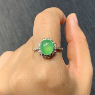 High-Icy Clear Vivid Green Natural Jadeite Cabochon Ring — S925 Silver · No. F48B