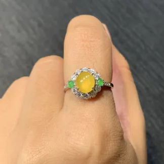 High-Icy Honey Yellow Natural Jadeite Cabochon Ring — S925 Silver · No. 575A