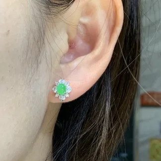 Icy Vivid Green Natural Jadeite Cabochon Stud Earrings — S925 Silver · No. 614F