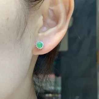 Icy Soft Vivid Green Natural Jadeite Cabochon Stud Earrings — S925 Silver · No. 21F9