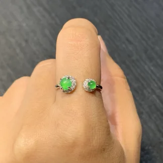 High-Icy Glowing Green Natural Jadeite Twin Cabochon Ring — S925 Silver · No. 9C53