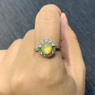 High-Icy Honey Yellow Natural Jadeite Cabochon Ring — S925 Silver · No. EB86