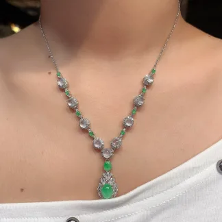 High-Icy Glowing White and Vivid Green Natural Jadeite Cabochon Necklace — S925 Silver · No. D0DC