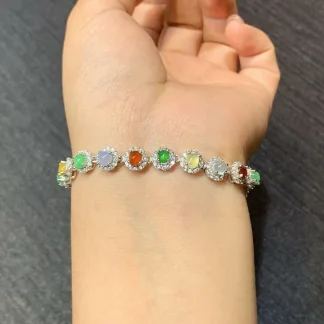 High-Icy Multicolor Natural Jadeite Cabochon Bracelet — S925 Silver · No. E6D3