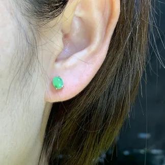 Icy Soft Vivid Green Natural Jadeite Cabochon Stud Earrings — S925 Silver · No. 6E0C