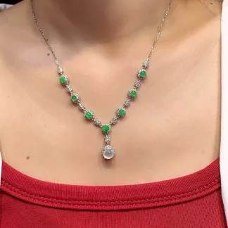 High-Icy Vivid Green and White Natural Jadeite Cabochon Necklace — S925 Silver · No. D242