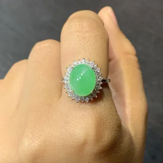 Icy Vivid Green Natural Jadeite Cabochon Ring — S925 Silver · No. 487E