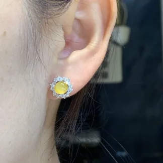 High-Icy Honey Yellow Natural Jadeite Cabochon Stud Earrings — S925 Silver · No. 44FA