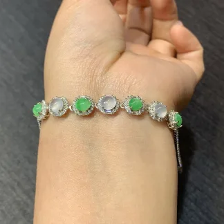 High-Icy White and Green Natural Jadeite Cabochon Bracelet — S925 Silver · No. CD4E