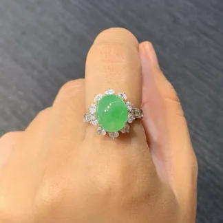 Icy Vivid Green Natural Jadeite Cabochon Ring — S925 Silver · No. 60C1