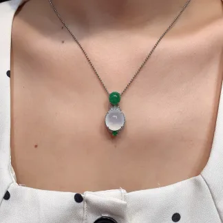 High-Icy Glowing White and Green Natural Jadeite Cabochon Pendant — S925 Silver · No. A36A