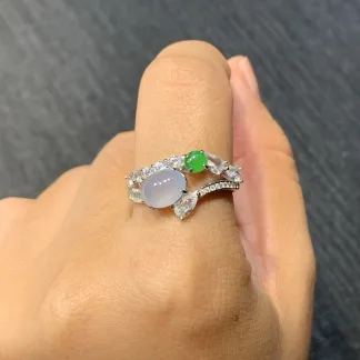 Icy Lavender and Vivid Green Natural Jadeite Cabochon Ring — S925 Silver · No. C8F3