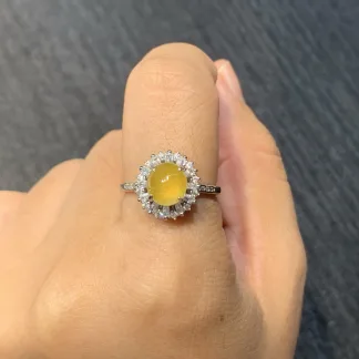High-Icy Honey Yellow Natural Jadeite Cabochon Ring — S925 Silver · No. 2F41