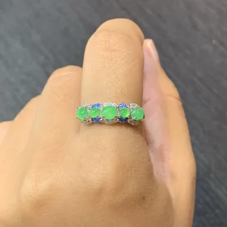 High-Icy Vivid Green Natural Jadeite Multi-Stone Cabochon Band — S925 Silver · No. A2F5