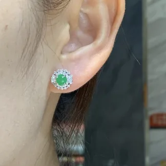 High-Icy Vivid Green Natural Jadeite Cabochon Stud Earrings — S925 Silver · No. 7D3C