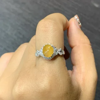 Icy Honey Yellow Natural Jadeite Cabochon Ring — S925 Silver · No. 023E