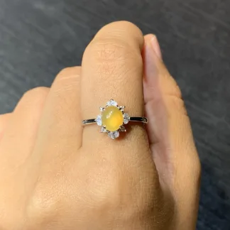 High-Icy Honey Yellow Natural Jadeite Cabochon Ring — S925 Silver · No. 381C