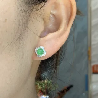 High-Icy Vivid Green Natural Jadeite Cabochon Stud Earrings — S925 Silver · No. 22F6