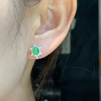High-Icy Vivid Green Natural Jadeite Cabochon Stud Earrings — S925 Silver · No. B9B0