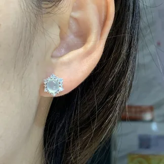 High-Icy Glowing Natural Jadeite Cabochon Stud Earrings — S925 Silver · No. 3897