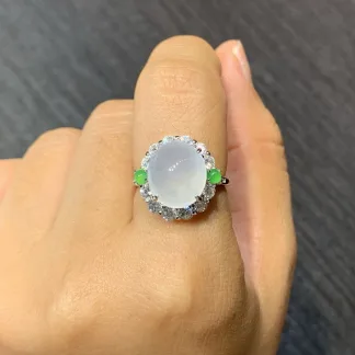 High-Icy Glowing Natural Jadeite Cabochon Ring — S925 Silver · No. D91E