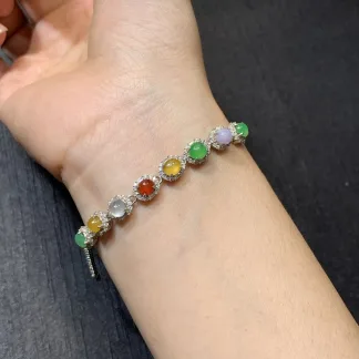 High-Icy Multicolor Natural Jadeite Cabochon Bracelet — S925 Silver · No. 7E9A