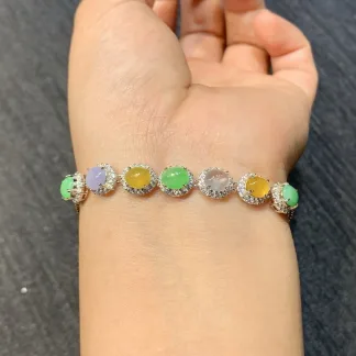 High-Icy Multicolor Natural Jadeite Cabochon Bracelet — S925 Silver · No. AEAB
