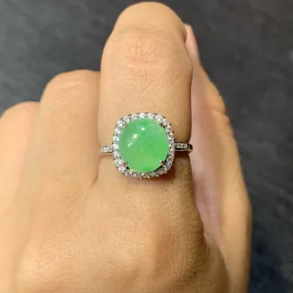 Icy Vivid Green Natural Jadeite Cabochon Ring — S925 Silver · No. A740