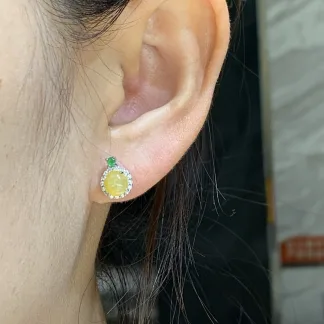 High-Icy Honey Yellow Natural Jadeite Cabochon Stud Earrings — S925 Silver · No. B158
