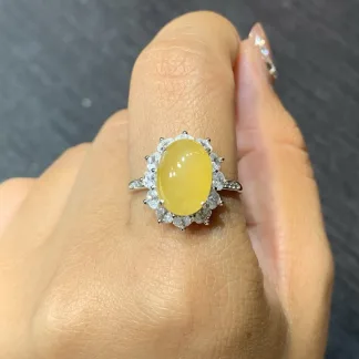 Icy Lustrous Honey Yellow Natural Jadeite Cabochon Ring — S925 Silver · No. 5B41
