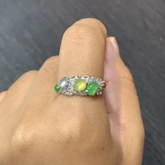 High-Icy Multicolor Natural Jadeite Multi-Stone Cabochon Band — S925 Silver · No. 9475