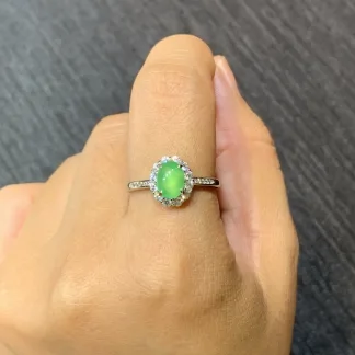 High-Icy Glowing Green Natural Jadeite Cabochon Ring — S925 Silver · No. 8EFD