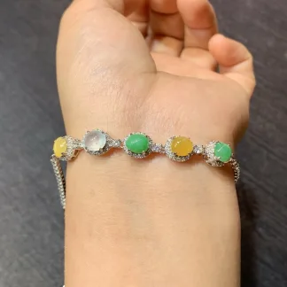 High-Icy Multicolor Natural Jadeite Cabochon Bracelet — S925 Silver · No. 895B