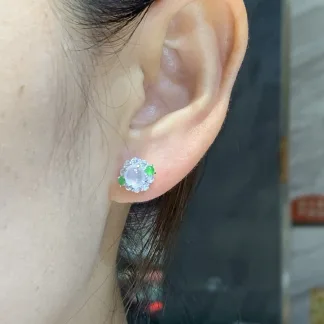 High-Icy Glowing Natural Jadeite Cabochon Stud Earrings — S925 Silver · No. E3F7