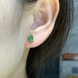 Vivid Green Natural Jadeite Cabochon Stud Earrings — S925 Silver · No. 87FD