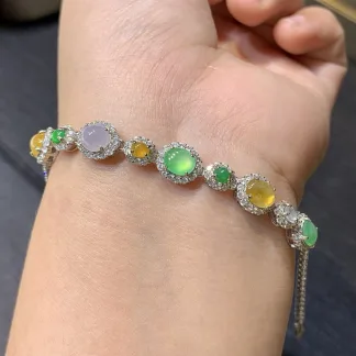High-Icy Multicolor Natural Jadeite Cabochon Bracelet — S925 Silver · No. B1C8