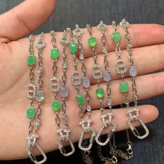 High-Icy Lavender and Green Natural Jadeite Convertible Cabochon Chain — S925 Silver · No. 68C9